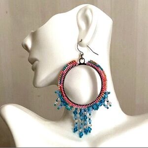 Women's blue and pink Beaded Hoop Earrings